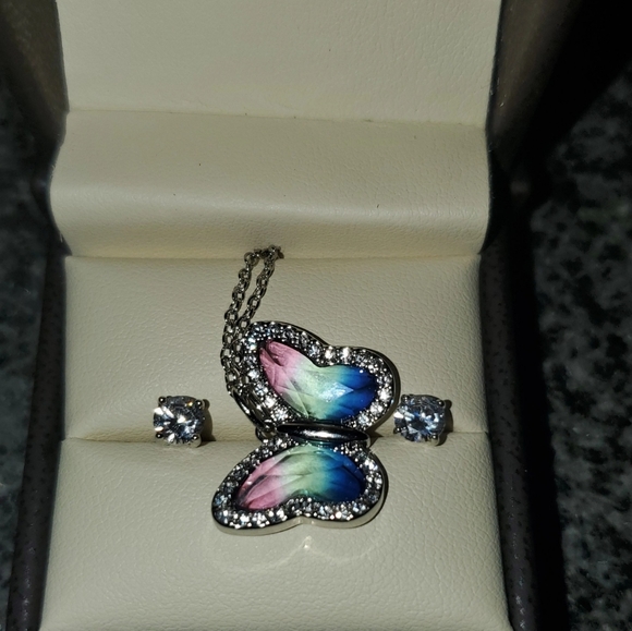 Crystal Sterling Silver Studs and Butterfly Neckla - Picture 7 of 11